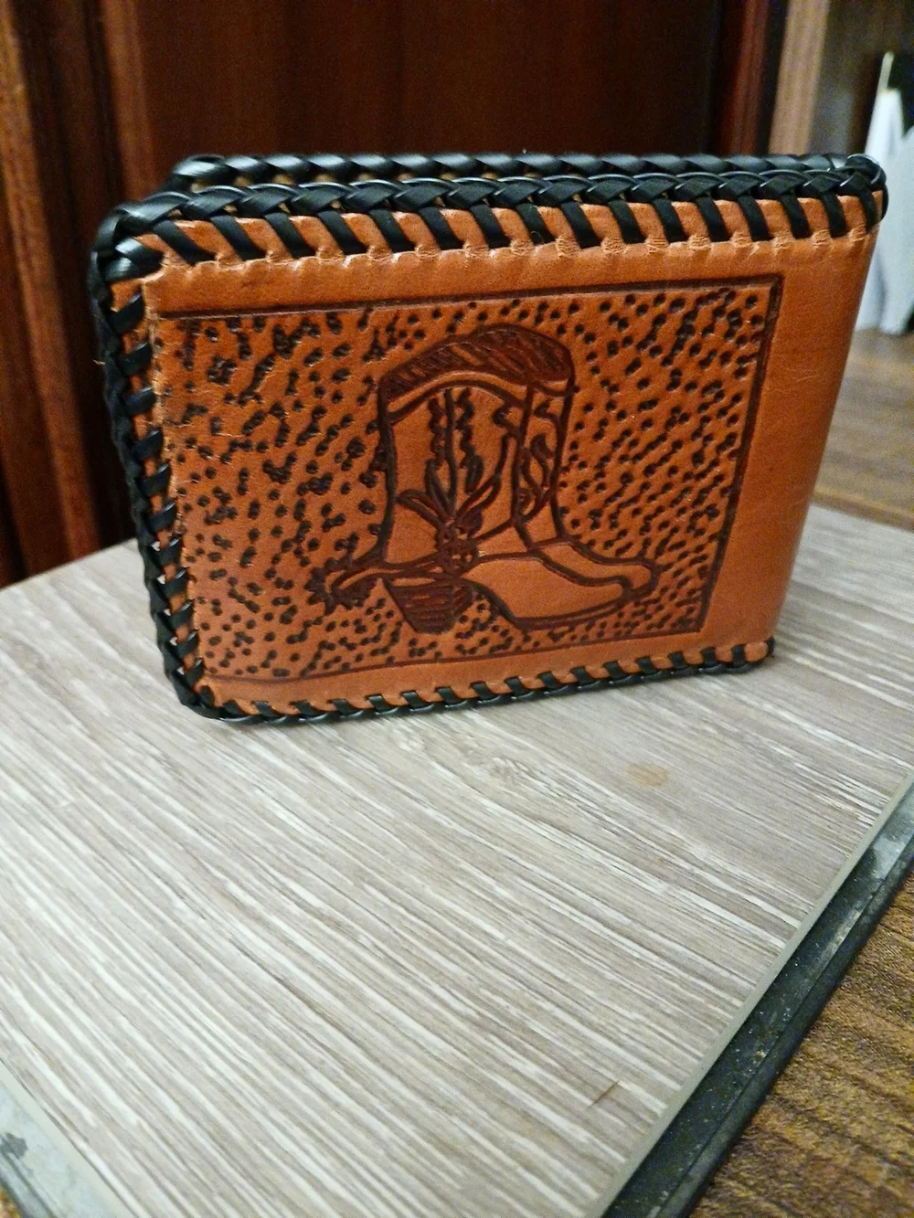 Tooled Leather Bifold Wallet with Western Boot Design - Brown & Black